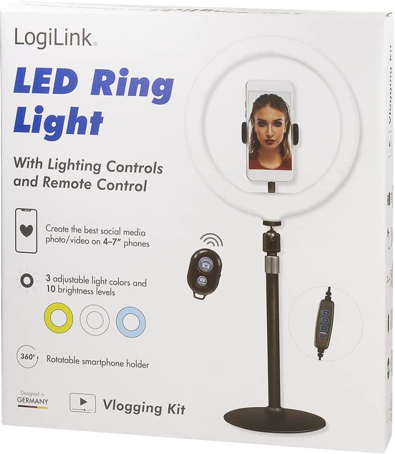 LogiLink Smartphone-Ringlicht-Stativ mit Fernauslöser, passend bis 4"-7"  Zoll, AA0152