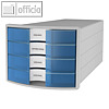 Schubladenbox IMPULS 2.0, DIN A4-C4, 4 Schübe, PS, lichtgrau / transluzent-blau